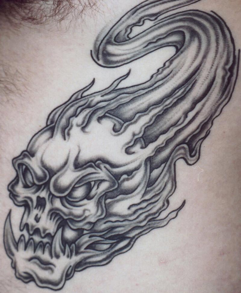 Black and White Flaming Dragon Skull Tattoo Time to Completion x