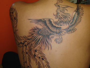 Black and White Phoenix Bird Back Tattoo